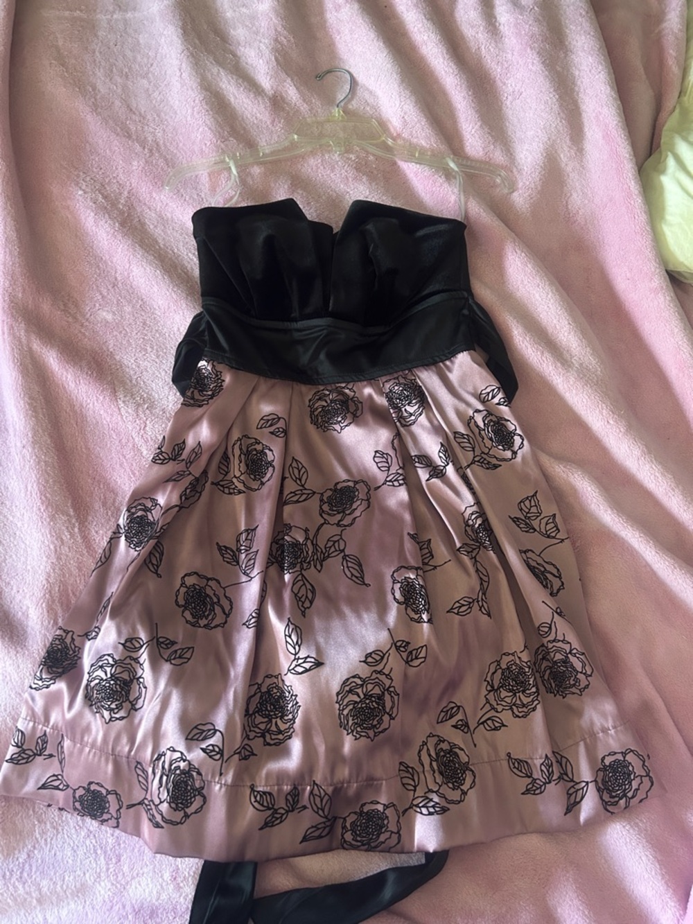 Camille La Vie Black and Pink Floral Strapless Party Dress